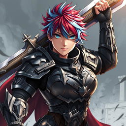 An agender human fighter with a female body type and a masculine face, portrayed as tough and formidable, raising a massive greatsword in a dramatic battle pose