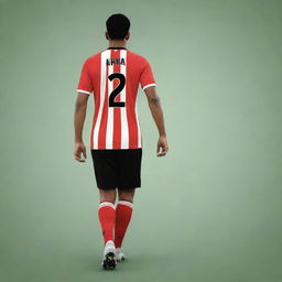 Design a vector-style image of an Indonesian soccer player named Arva, wearing a striped red and black jersey, with number 12. The subject is walking, facing backward.