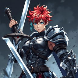 An agender human fighter with a female body type and a masculine face, portrayed as tough and formidable, raising a massive greatsword in a dramatic battle pose