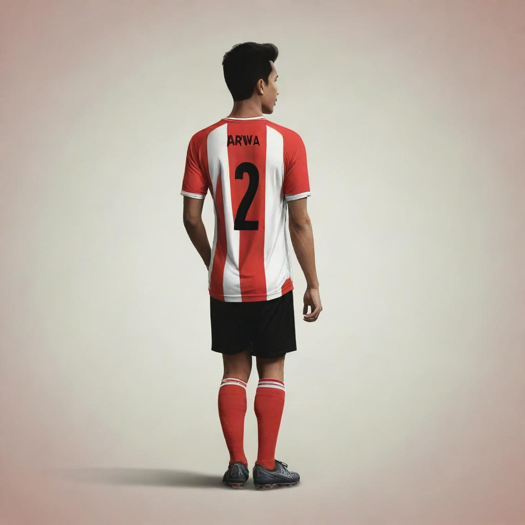 Design a vector-style image of an Indonesian soccer player named Arva, wearing a striped red and black jersey, with number 12. The subject is walking, facing backward.