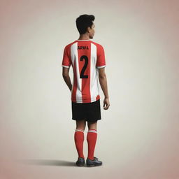 Design a vector-style image of an Indonesian soccer player named Arva, wearing a striped red and black jersey, with number 12. The subject is walking, facing backward.