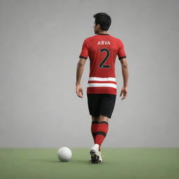 Design a vector-style image of an Indonesian soccer player named Arva, wearing a striped red and black jersey, with number 12. The subject is walking, facing backward.