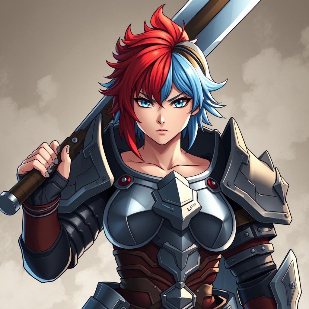 A striking agender human fighter depicted in a one-piece anime style, showcasing a strong and tough demeanor