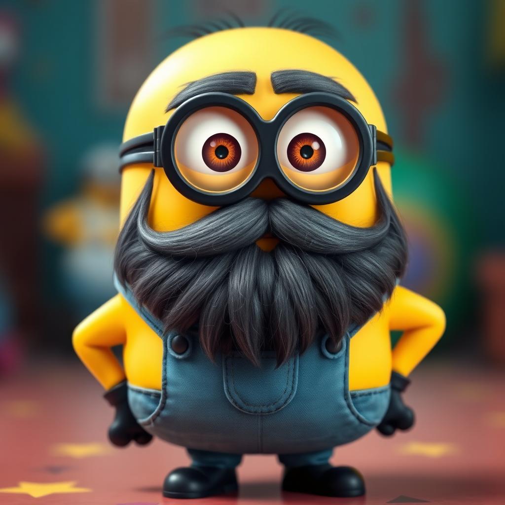 A fat bald Minion with a black and gray beard, wearing black thick-rimmed glasses