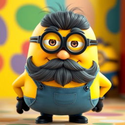 A fat bald Minion with a black and gray beard, wearing black thick-rimmed glasses