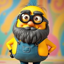 A fat bald Minion with a black and gray beard, wearing black thick-rimmed glasses