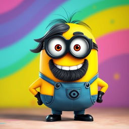 A fat bald Minion with a black and gray beard, wearing black thick-rimmed glasses