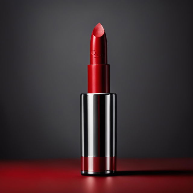 Editorial photo of a vibrant red lipstick against a monochromatic gradient background.