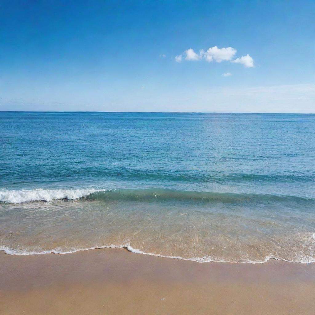 A vast, serene sea under a bright blue sky with gentle waves lapping at the shore.