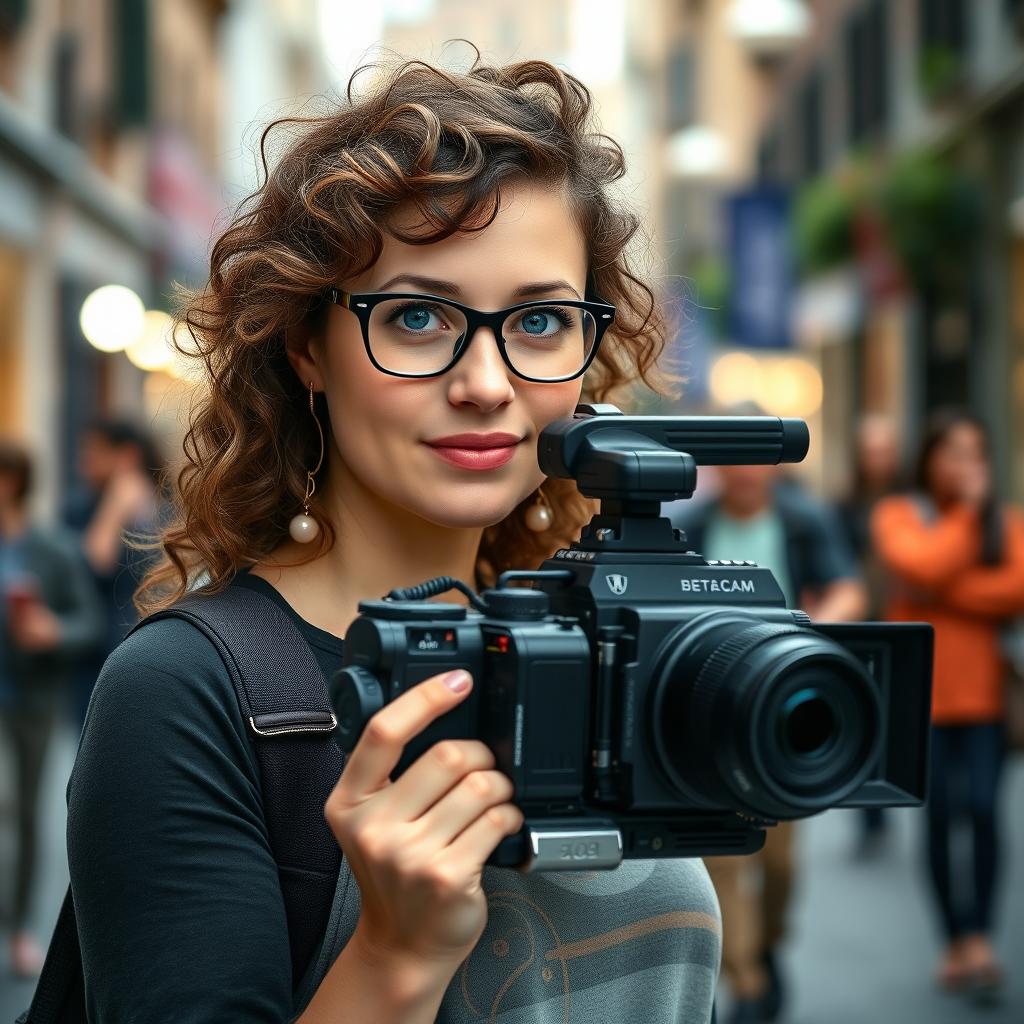 A 30-year-old female television camera operator, with curly brown hair and sky-blue eyes, wearing glasses