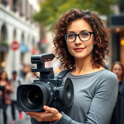 A 30-year-old female television camera operator, with curly brown hair and sky-blue eyes, wearing glasses