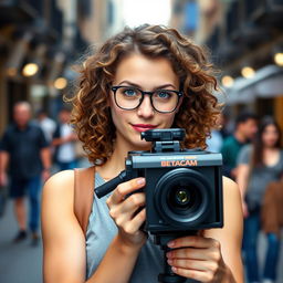 A 30-year-old female television camera operator, with curly brown hair and sky-blue eyes, wearing glasses