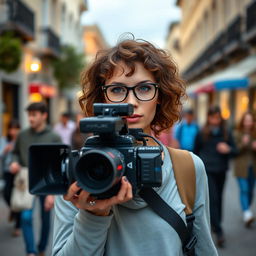 A 30-year-old female television camera operator, with curly brown hair and sky-blue eyes, wearing glasses