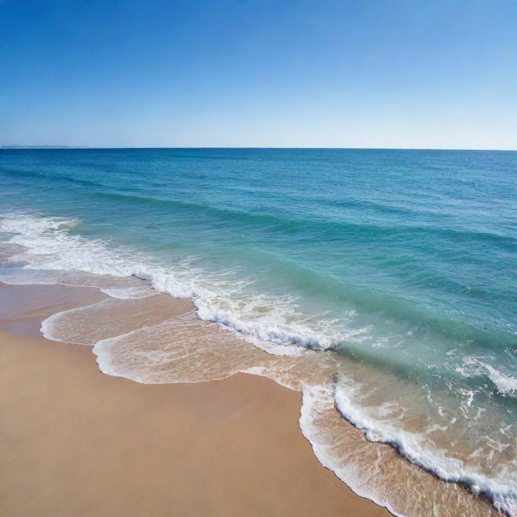 A vast, serene sea under a bright blue sky with gentle waves lapping at the shore.