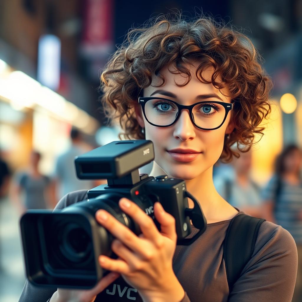 A 30-year-old female television operator, with curly brown hair and sky-blue eyes, wearing glasses