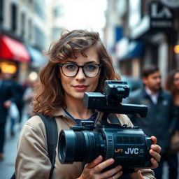 A 30-year-old female television operator, with curly brown hair and sky-blue eyes, wearing glasses