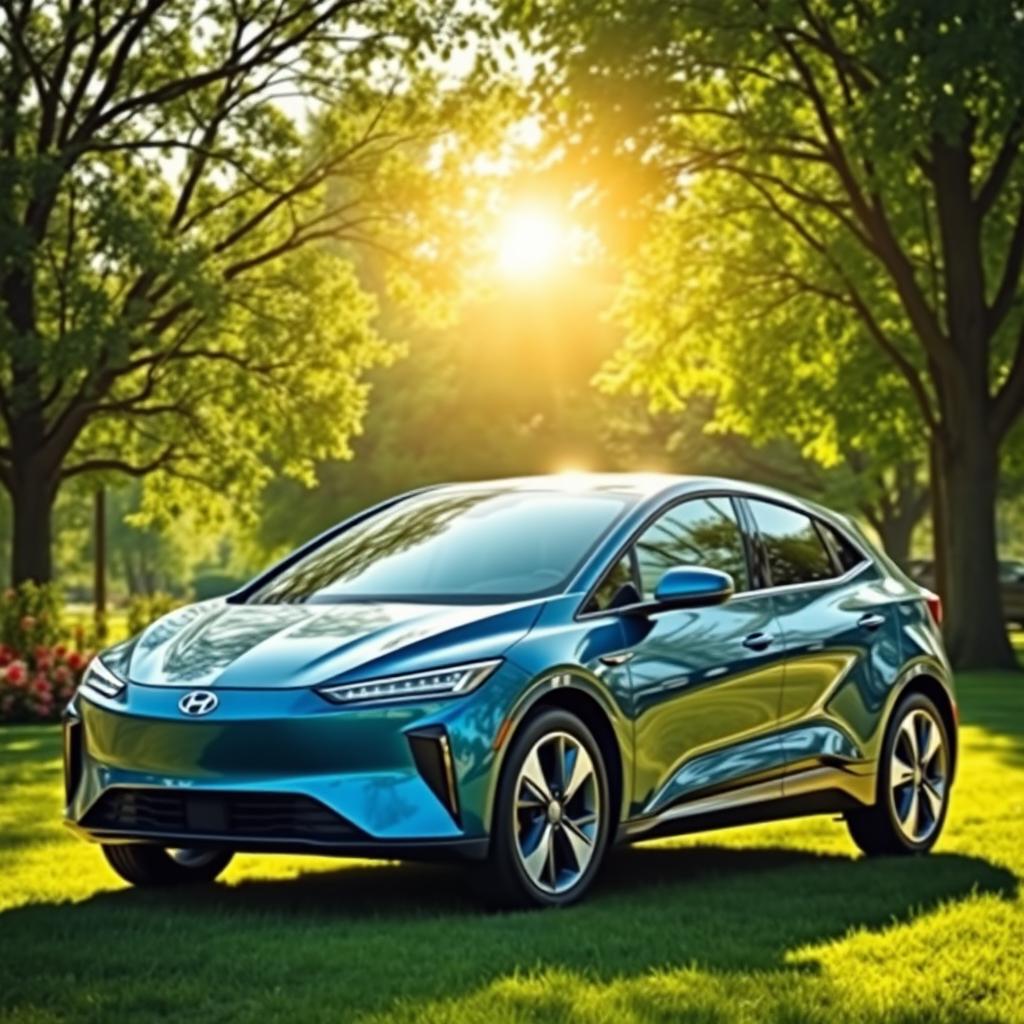 A sleek, modern hybrid car parked in an environmentally friendly setting, featuring a lush green park background with trees and flowers