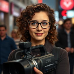 A 30-year-old female television operator, with curly brown hair and sky-blue eyes, wearing glasses