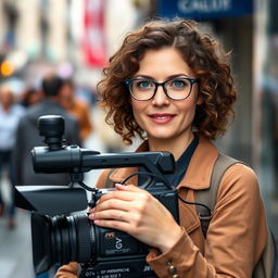 A 30-year-old female television operator, with curly brown hair and sky-blue eyes, wearing glasses