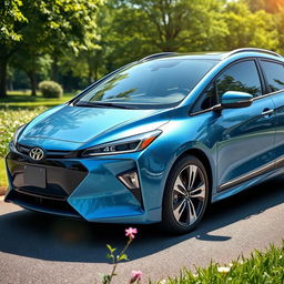 A sleek, modern hybrid car parked in an environmentally friendly setting, featuring a lush green park background with trees and flowers