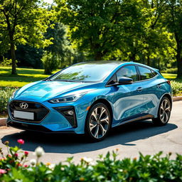 A sleek, modern hybrid car parked in an environmentally friendly setting, featuring a lush green park background with trees and flowers