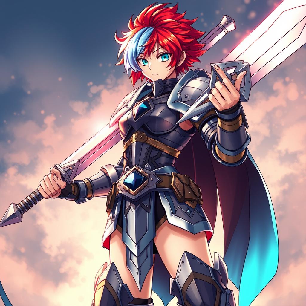 A powerful human fighter standing confidently, wielding a massive greatsword