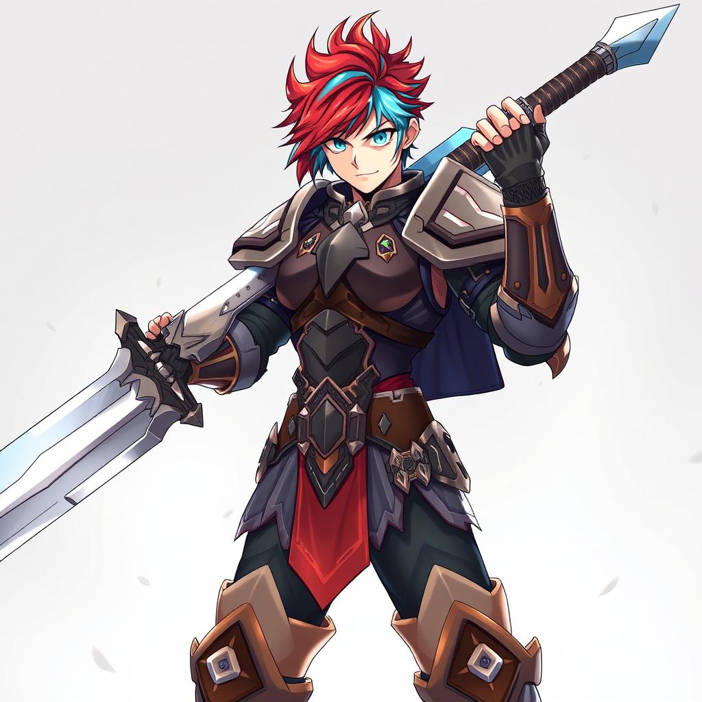 A powerful human fighter standing confidently, wielding a massive greatsword