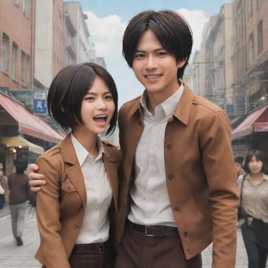 A modern reinterpretation of 'Attack on Titan' scene where Mikasa meets Eren in a bustling city setting, their faces imbued with a mixture of surprise and joy.