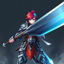 A powerful human fighter standing confidently, wielding a massive greatsword