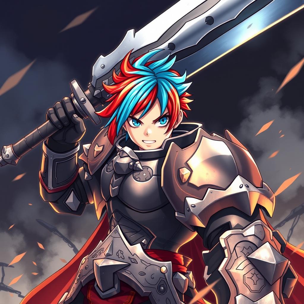 A powerful human fighter depicted in a dynamic stance, wielding a colossal greatsword above their head