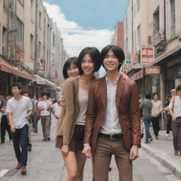 A modern reinterpretation of 'Attack on Titan' scene where Mikasa meets Eren in a bustling city setting, their faces imbued with a mixture of surprise and joy.