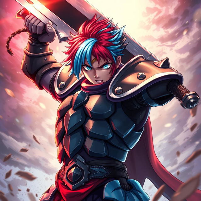 A powerful human fighter depicted in a dynamic stance, wielding a colossal greatsword above their head