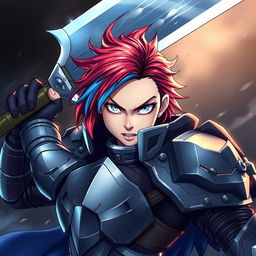 A fierce human fighter depicted in a dynamic action pose, brandishing a gigantic greatsword high above their head