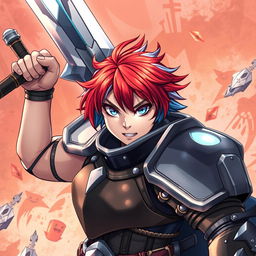 A fierce human fighter depicted in a dynamic action pose, brandishing a gigantic greatsword high above their head