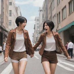 A modern reinterpretation of 'Attack on Titan' scene where Mikasa meets Eren in a bustling city setting, their faces imbued with a mixture of surprise and joy.