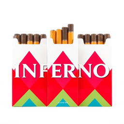 A packet of cigarettes with vibrant packaging featuring the bold lettering "INFERNO" prominently displayed on the front