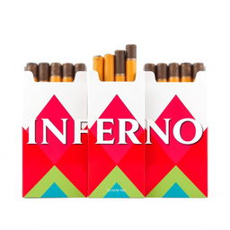 A packet of cigarettes with vibrant packaging featuring the bold lettering "INFERNO" prominently displayed on the front