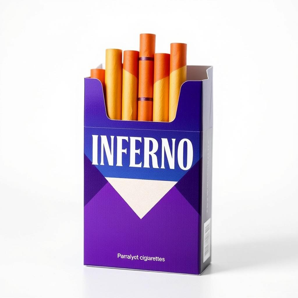 A packet of cigarettes with vibrant packaging featuring the bold lettering "INFERNO" prominently displayed on the front