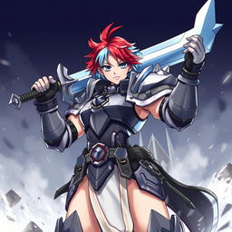 An imposing human fighter depicted in a triumphant pose, with a massive greatsword held high