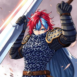 A formidable human fighter depicted in an action-packed pose, raising a massive greatsword triumphantly