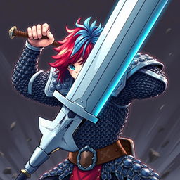 A formidable human fighter depicted in an action-packed pose, raising a massive greatsword triumphantly