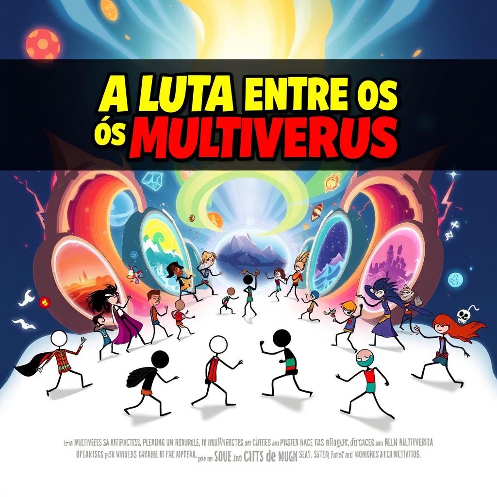 A creative movie poster for a film titled 'A Luta Entre os Multiversus', featuring all characters as stick figures