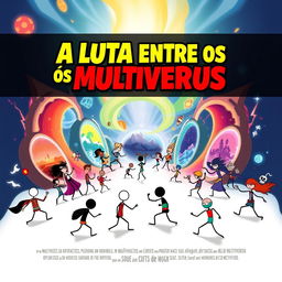 A creative movie poster for a film titled 'A Luta Entre os Multiversus', featuring all characters as stick figures