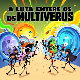 A creative movie poster for a film titled 'A Luta Entre os Multiversus', featuring all characters as stick figures