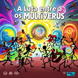 A creative movie poster for a film titled 'A Luta Entre os Multiversus', featuring all characters as stick figures