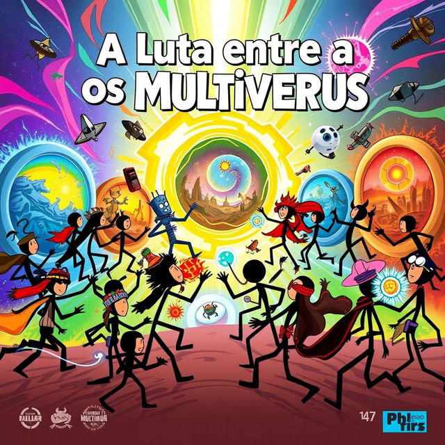 A creative movie poster for a film titled 'A Luta Entre os Multiversus', featuring all characters as stick figures