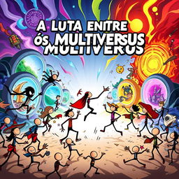 A creative movie poster for a film titled 'A Luta Entre os Multiversus', featuring all characters as stick figures