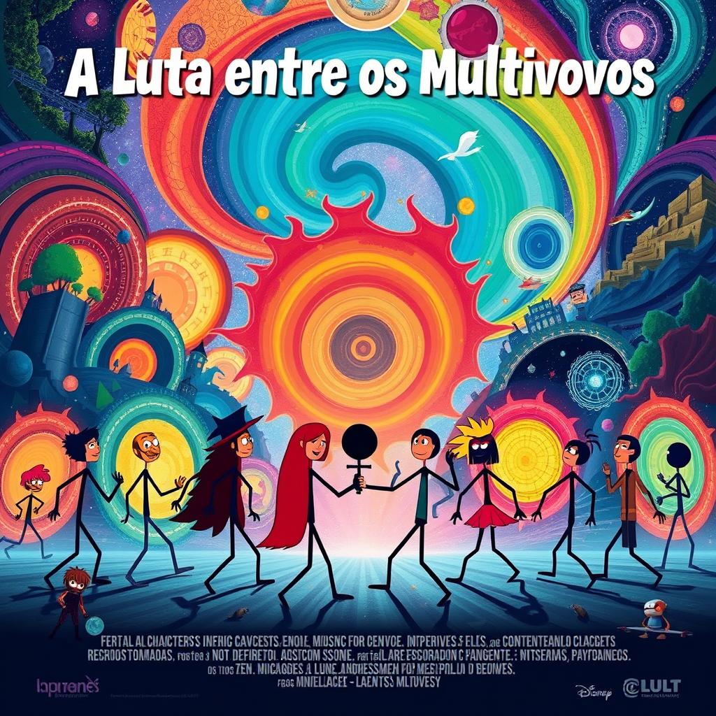 A creative movie poster for a film titled 'A Luta Entre os Multiversus', featuring all characters as stick figures