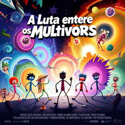 A creative movie poster for a film titled 'A Luta Entre os Multiversus', featuring all characters as stick figures