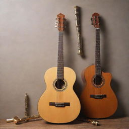 A finely crafted guitar alongside a flute, set against a background that enhances the beauty of these musical instruments.